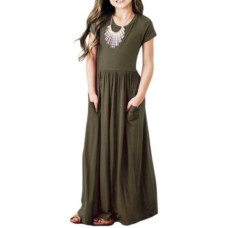 Summer girls new solid color short sleeved long skirt beach Par birthday casual fashion show version A-Line dress W250326