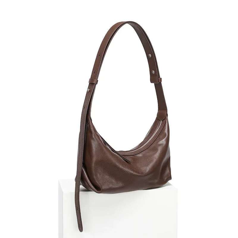 Less Is More Minimalist Style Coffee Color Hobo Tote Vegetable Tanned Cow Leather Women Shoulder Bag Adjustable Handle Handbag