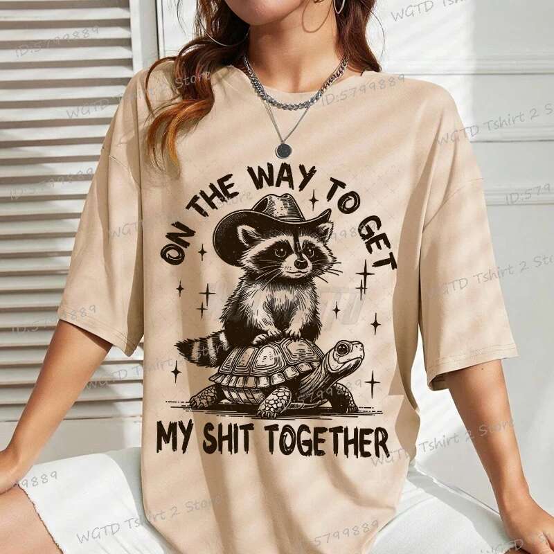 Women's Raccoon Gift T-shirt Get My SH * * Set Printed Loose Short Sleeve Cotton Retro Raccoon Y2K Top on the Road