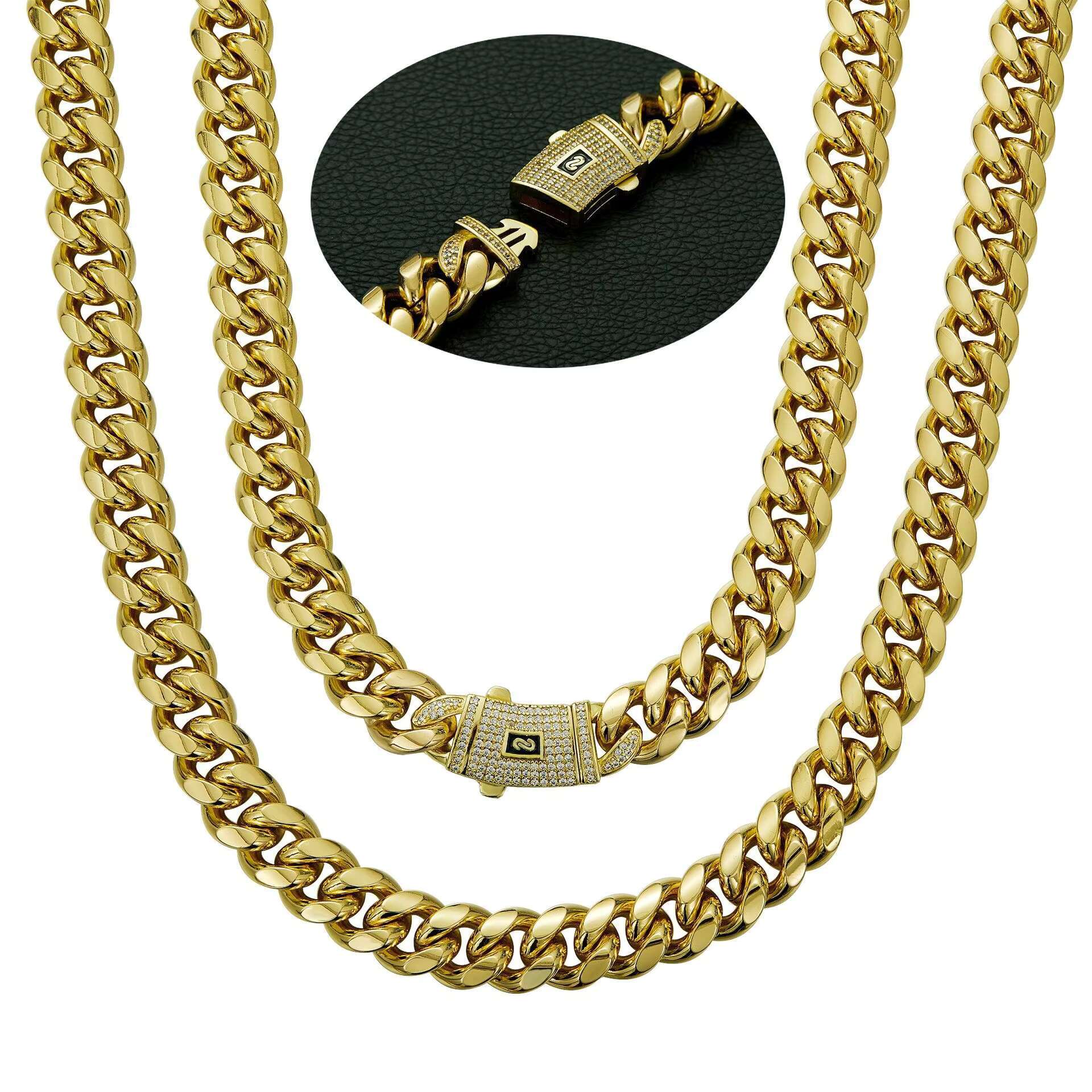 Wholesale 14K 18K Gold PVD Stainless Steel Cuban Link Necklace Men 6mm-10mm Miami Curb Spring Clasp Zircon Pearl Main Stone Gold