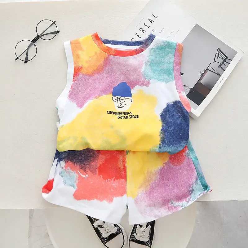 Summer childrens boys girls cotton clothing fully printed colored vest toddler clothing baby tracksuit baby casual suitT250327