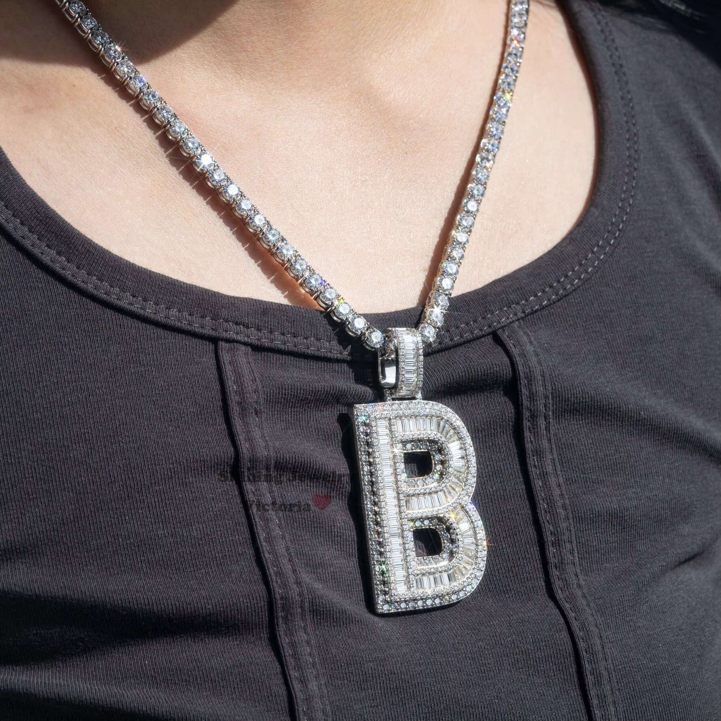 6.5MM Tennis Chain Iced Out VVS Moissanite Sterling Silver 925 White Gold Custom Rapper Letter Pendant Initial