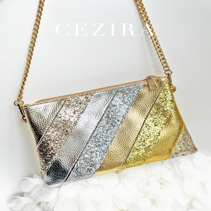 Womens metal PU leather patch work clutch bag fashionable shiny sequin chain shoulder cross body handbag party 250326