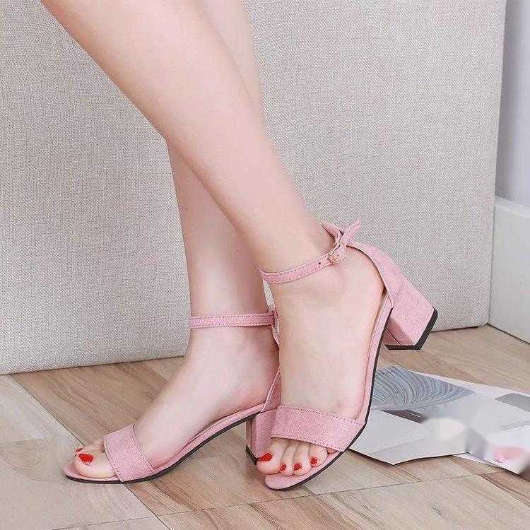 Summer New Medium Heels Womens Shoes Thick Heel Open Toe Suede Sexy One Line Buckle Womens Sandals Roman Shoes Trend