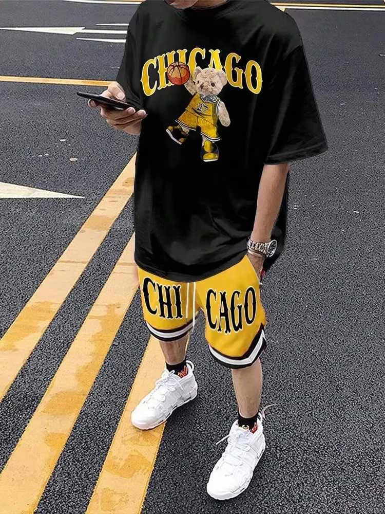 Cartoon Bear 3D Printed Mens Round Neck Short Sleeve 2-piece Set Urban Street Trendy Mens Top Outdoor Mens Drawstring Short SleeveXJ250326