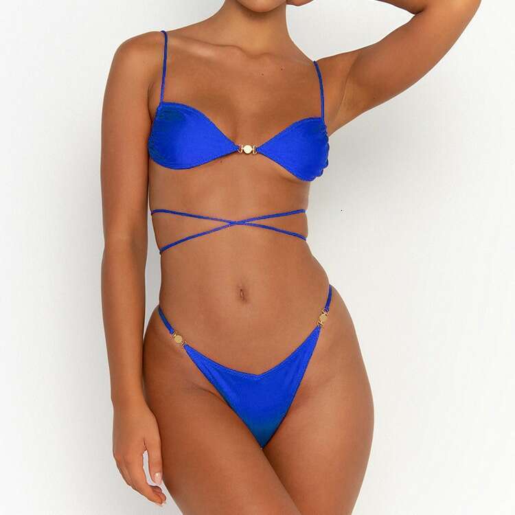 Shiny Swimsuit String Bikinis Bandage Swimwear Women 2025 New Pleated Bathing Suit Sexy Biquini Solid Color Beachwear Summer