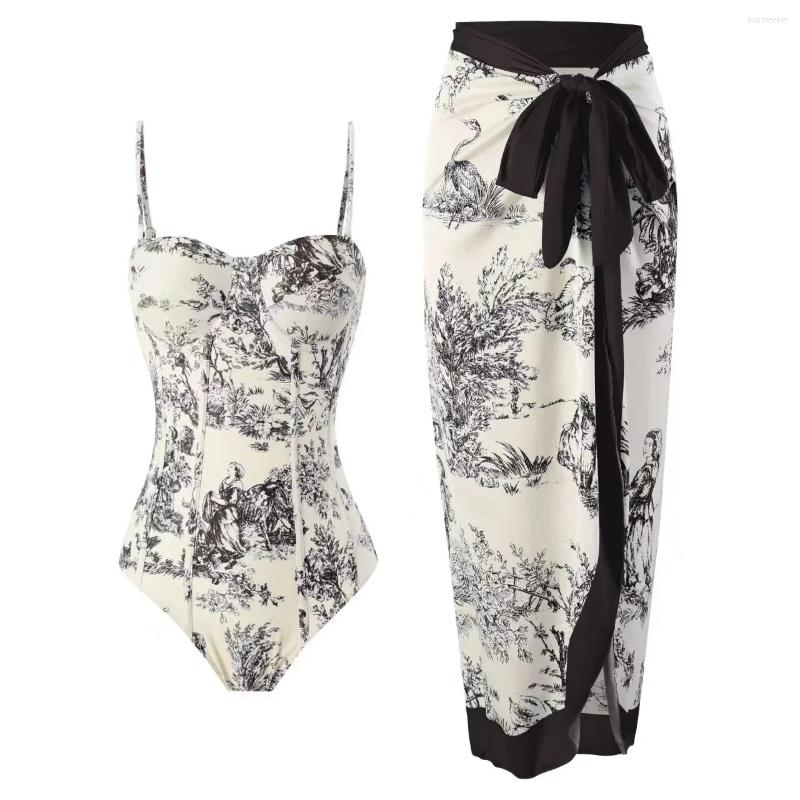 One Piece Swimsuit Women's Tight And Slimming Retro Tie Up Sunscreen Long Skirt Two Set