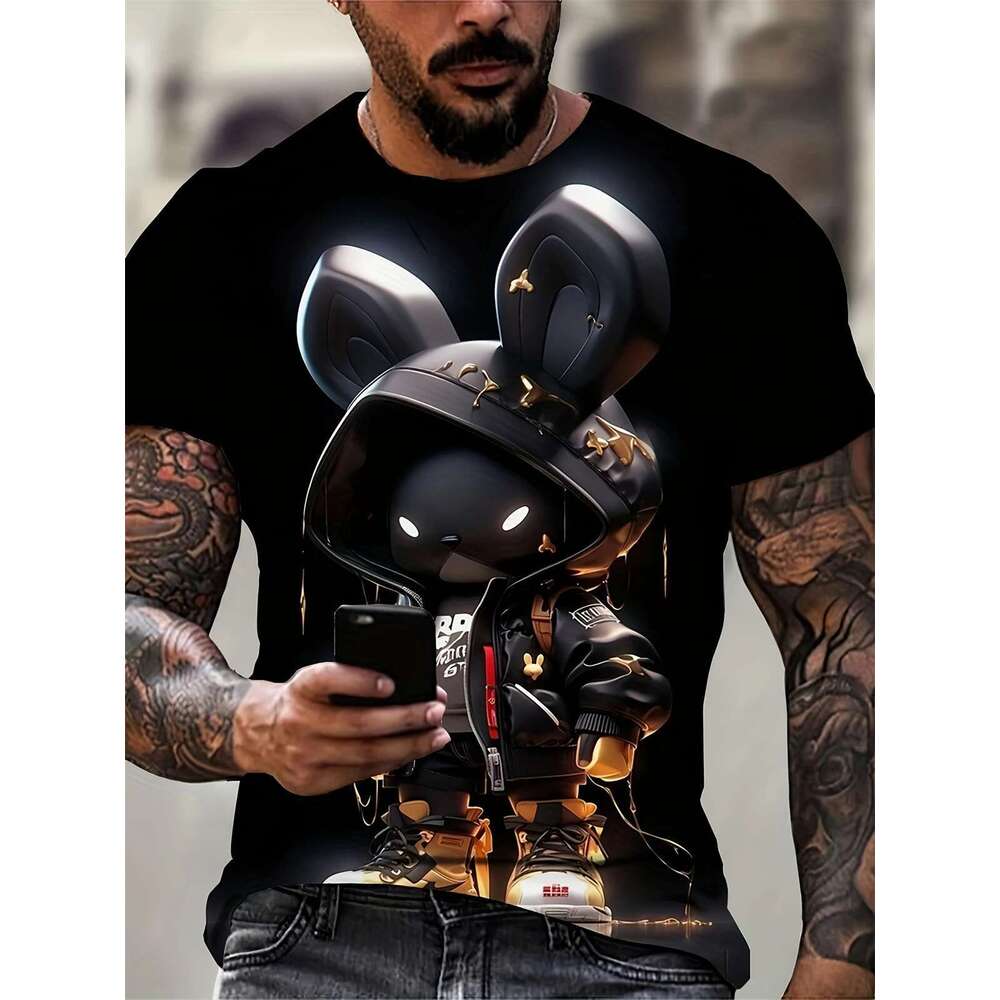 Men s T shirt Fashion Bear D Pattern Cartoon Color Round Neck Top Short Sleeve Summer Clothing
