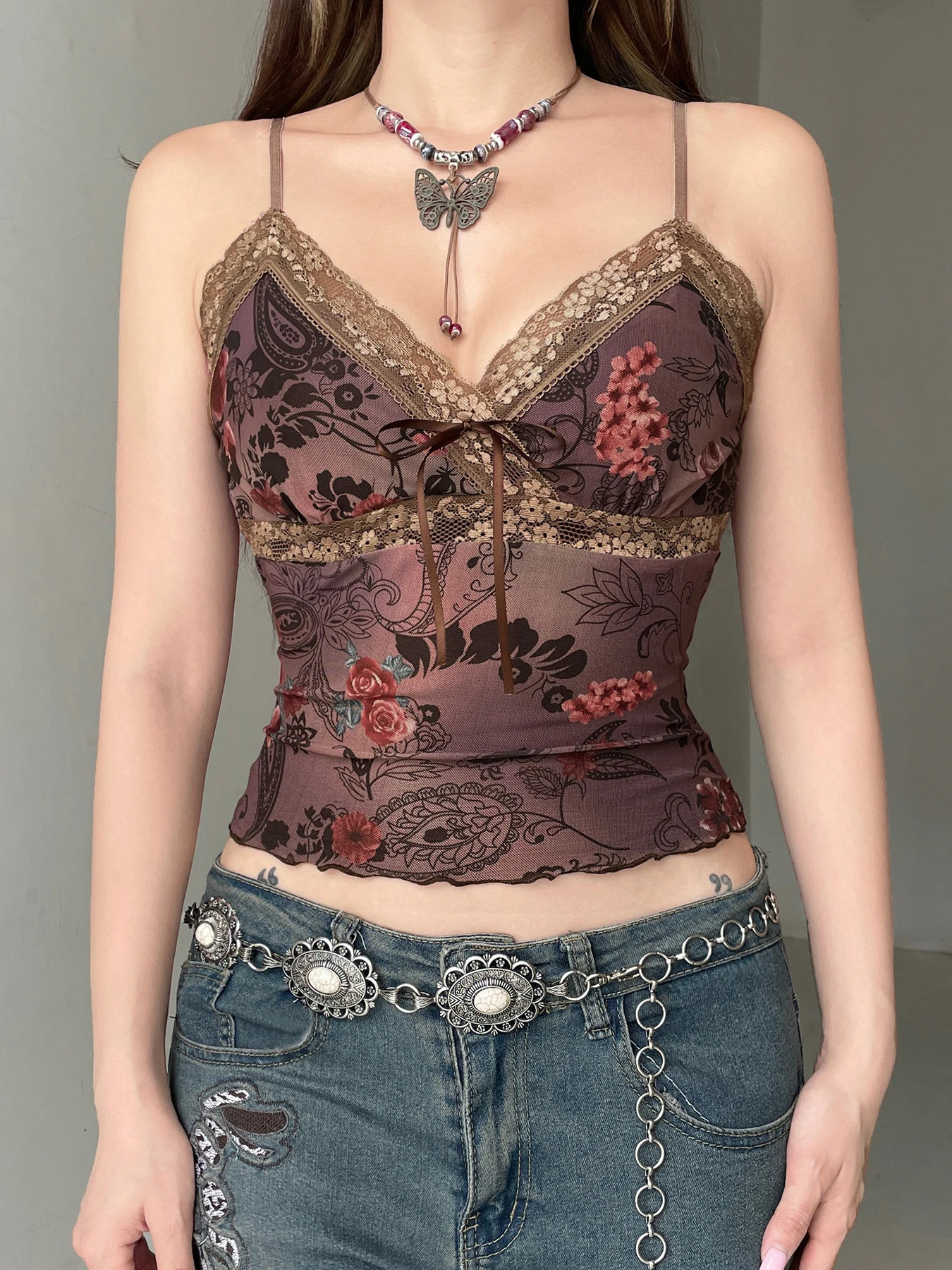 Rockmore vintage chiffon applique print Camis womens mesh lace cross Vneck crop top Y2K aesthetic backless tight corset 250326