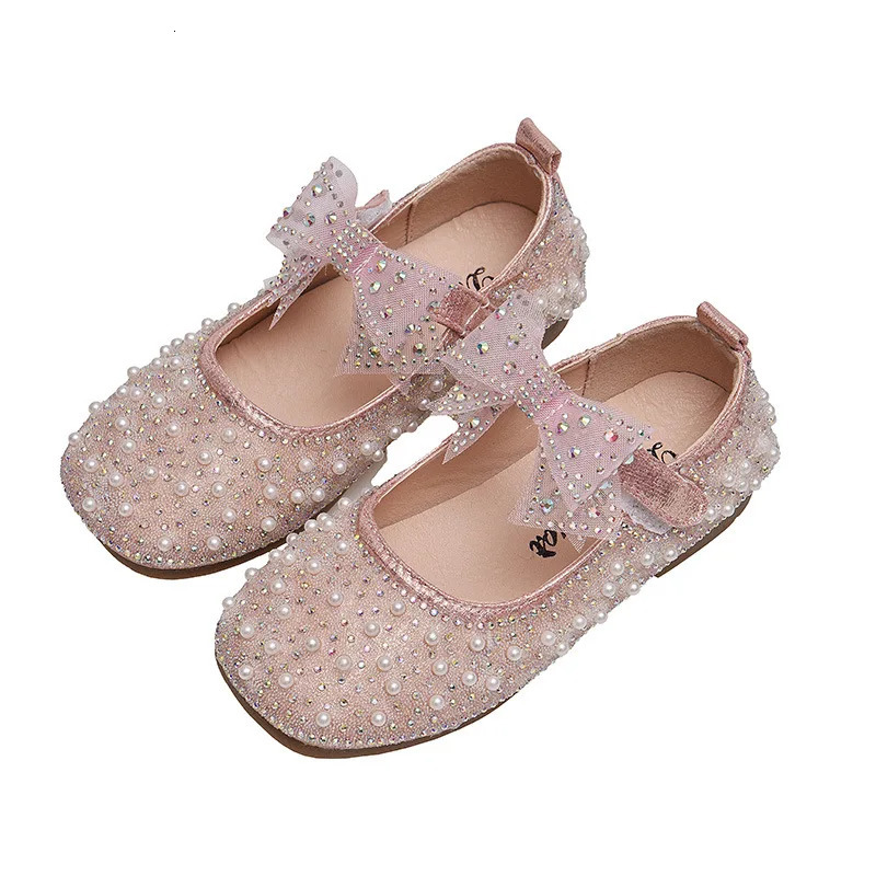 Girls Princess Shoes Childrens Fashion Bow Rhinestone Sequin Kids Shoe Baby Girls Party Student Flat Leather Shoes 250326