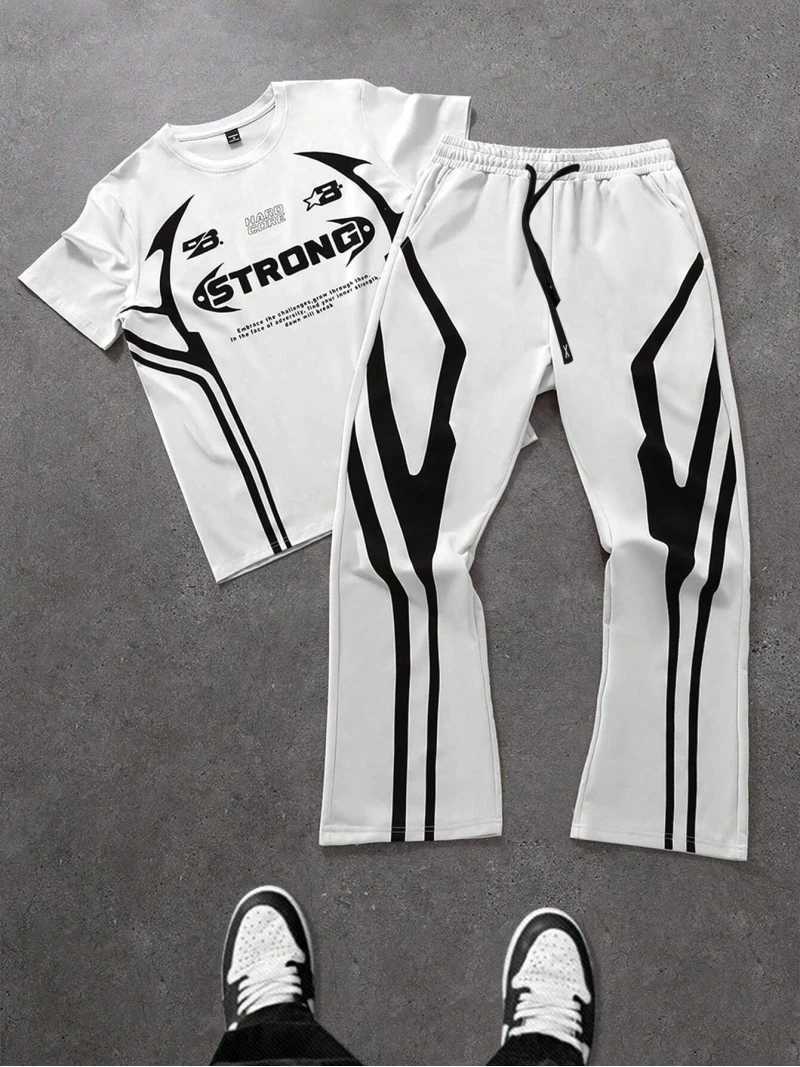 Mens fashion two-piece fashion hip-hop strong letter printed crew neck t-shirt and trousers set hip-hop clothing mens clothingXJ250326