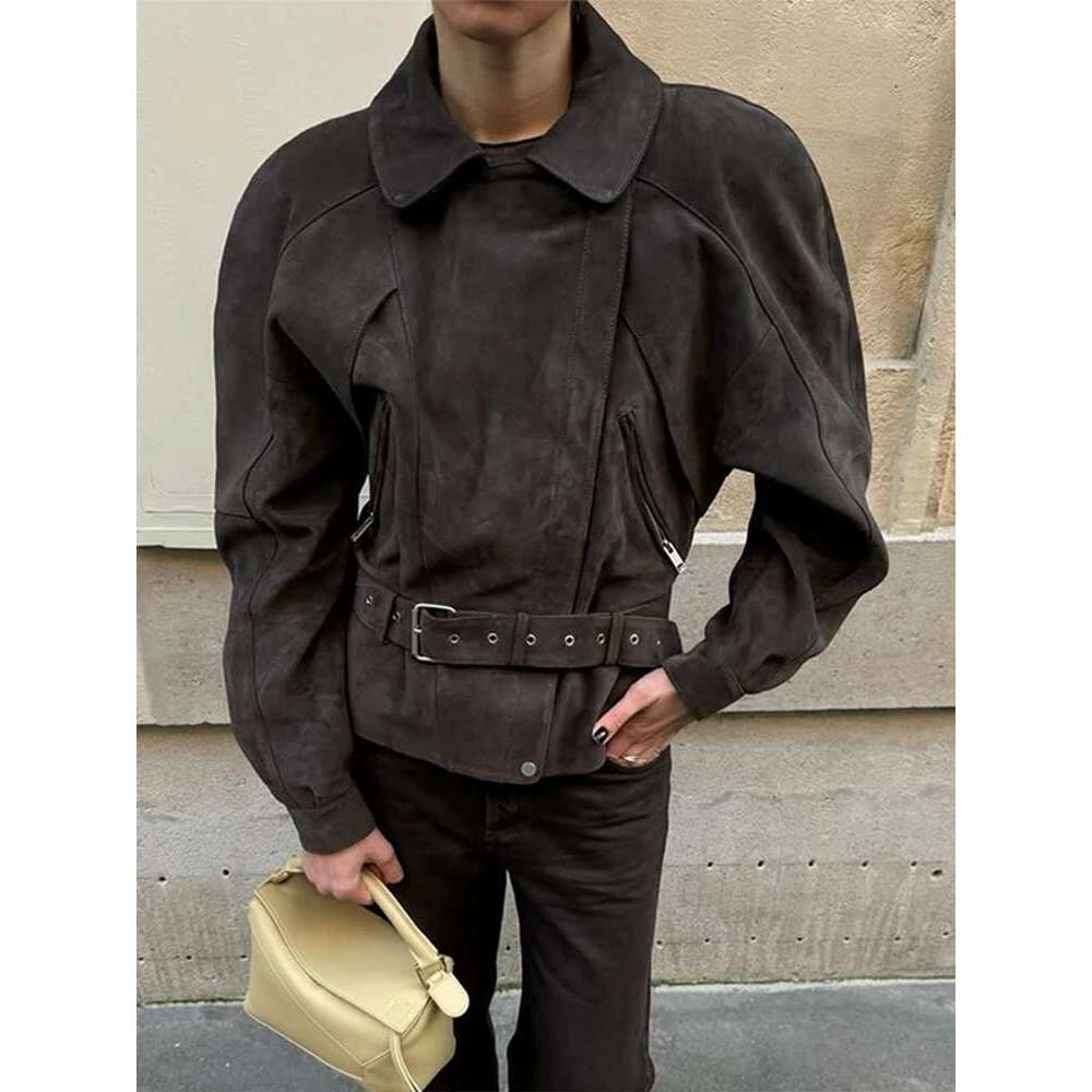 Women's Coat Vintage Women's Belt Short Suede Jackets Street Lapel Long Sleeve Zipper Female Coats Spring Lady Patchwork Moto Outerwears