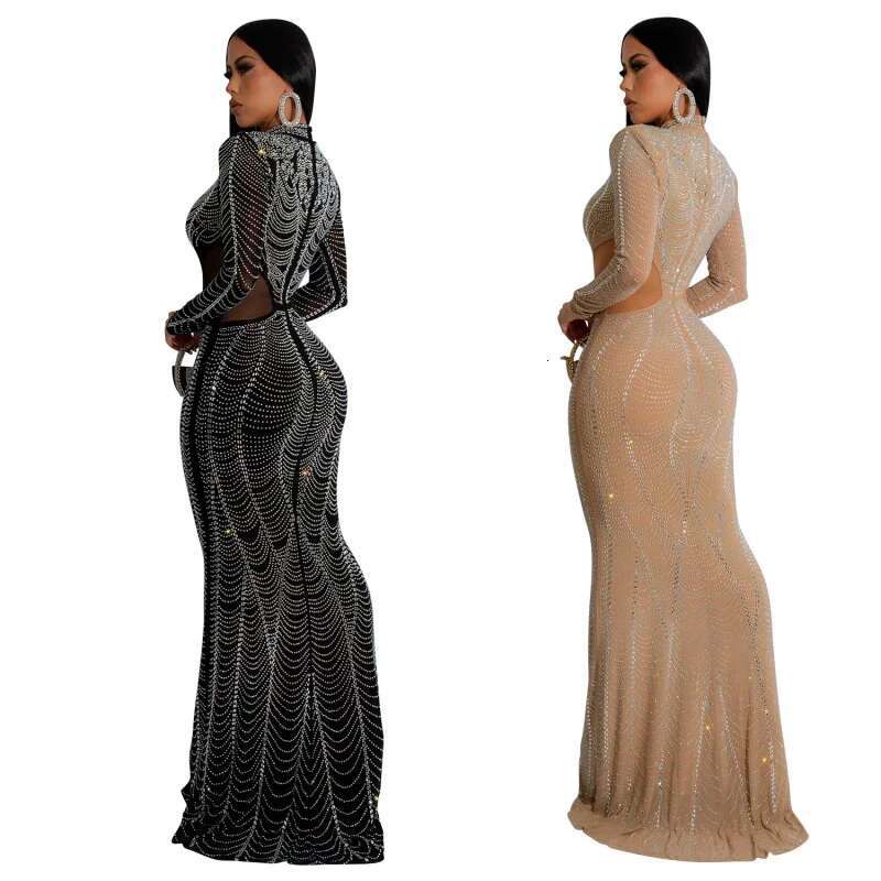 Dongdumaoyi Mode Dames Effen Kleur Mesh Strass Lange Jurk C
