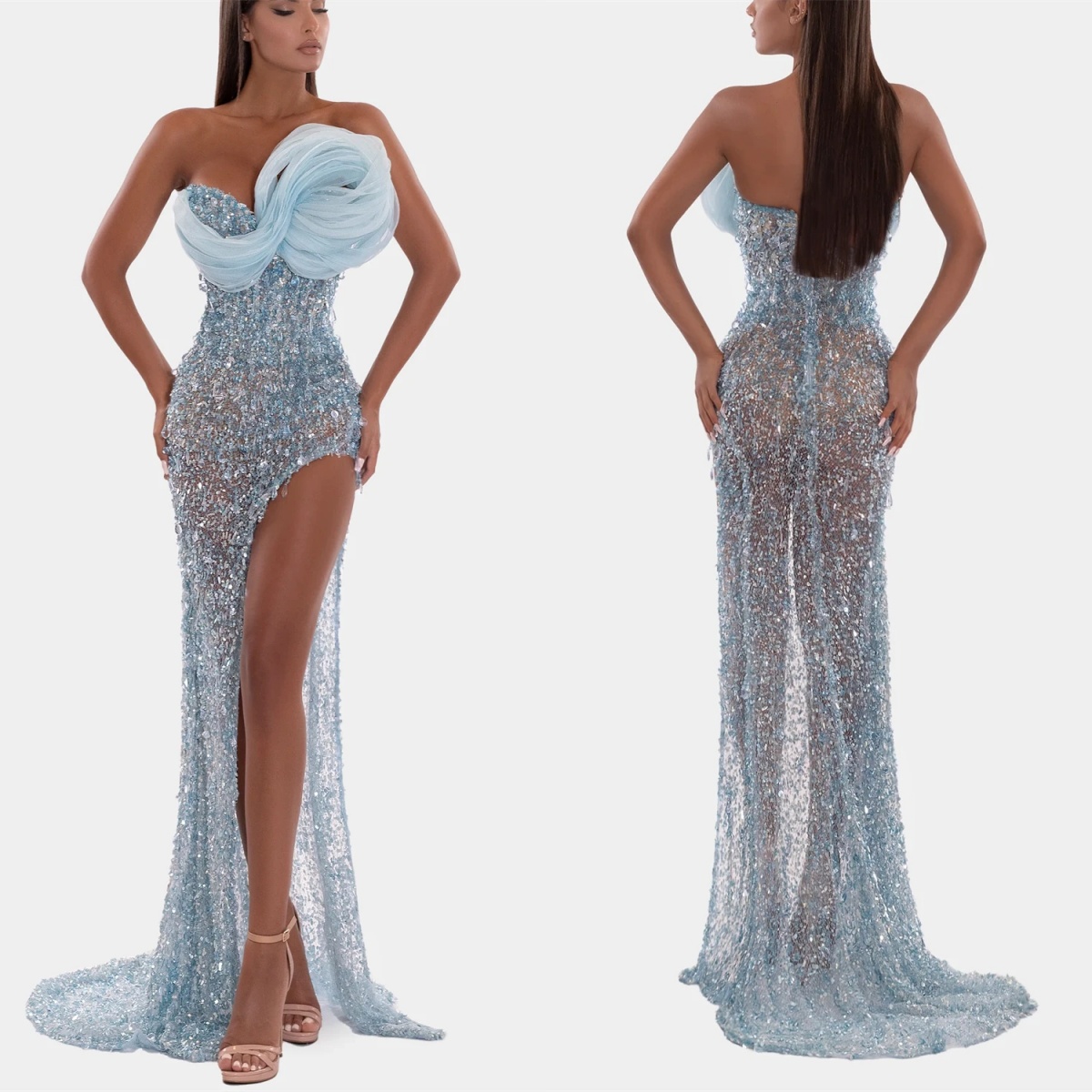 Designer Evening Dresses Sweetheart Neck Sleeveless Gown Sequins Backless Split Side Sweep Train Dress Party Customized Dress