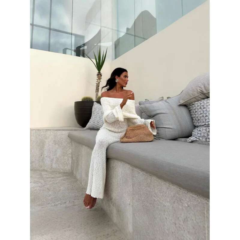 Dongdumaoyi Zomer Nieuwe Dames Off Shoulder Gebreide Jurk Slanke Effen Kleur Lange C