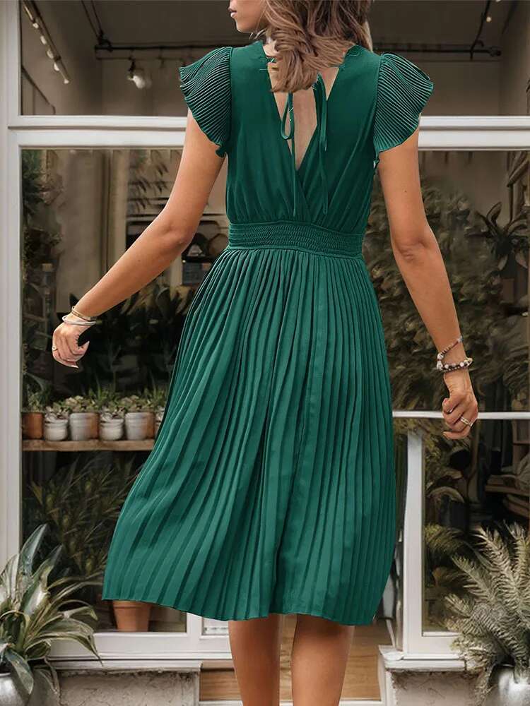 Dongdumaoyi Zomer Essentieel Elegante Geplooide Jurk Met V Hals Minimalistische Stijl Hoge Taille