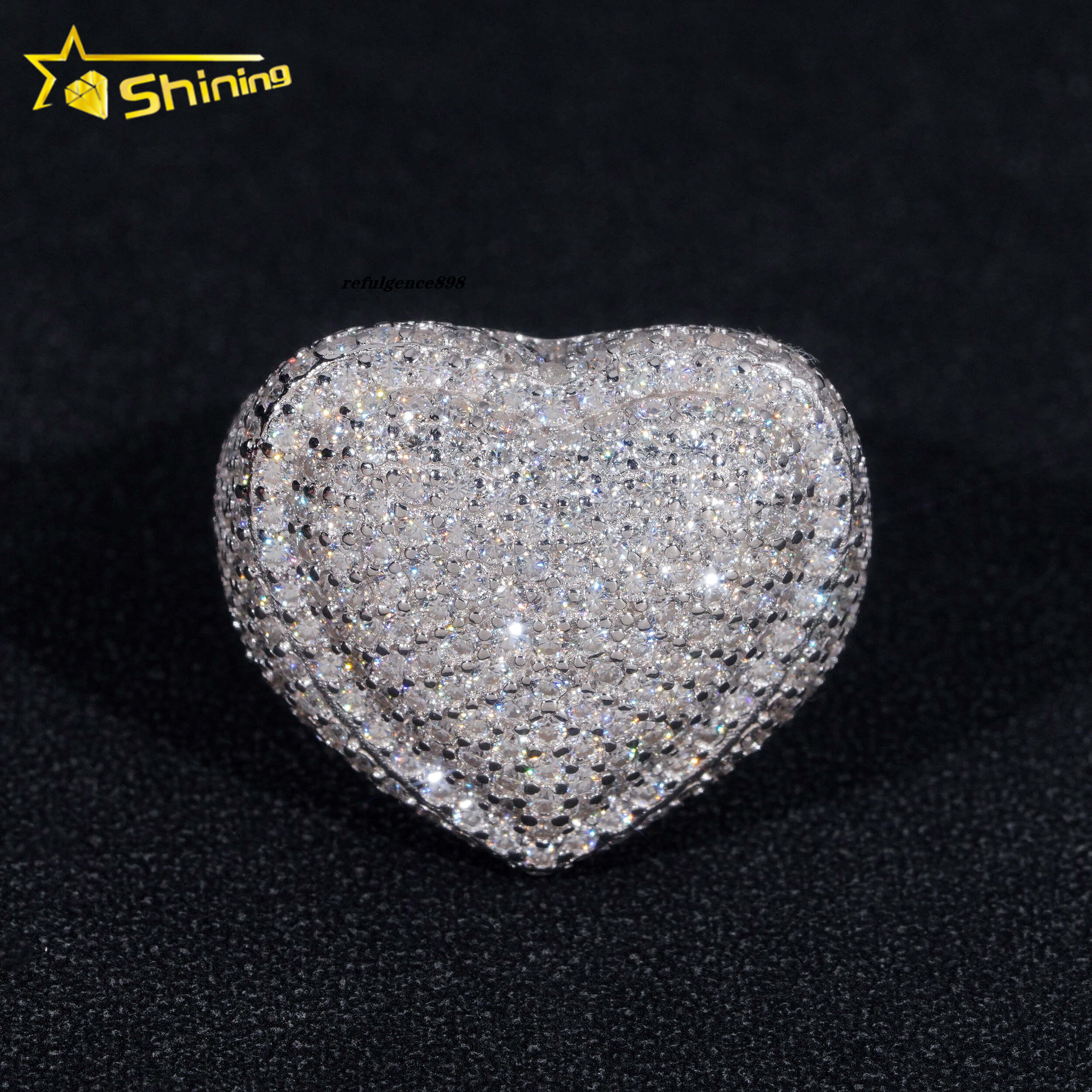 Ready to Ship Moissanite Mens Ring 925 Silver Iced Out Heart Shape Hip Hop Rings