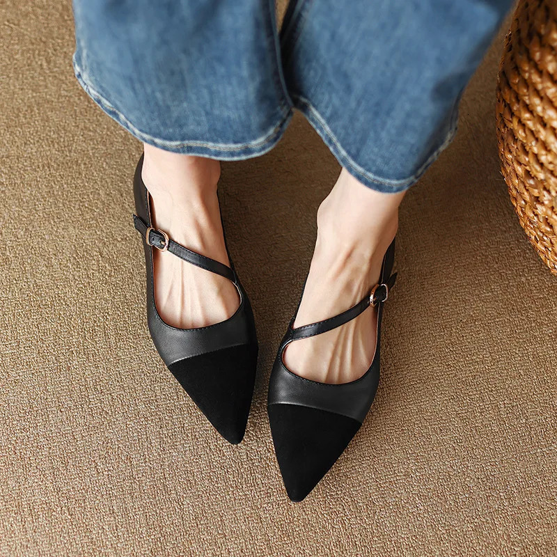 Mary jane Pachwork flat shoes summer spring womens fashion sandals Ladies Ankle strap Oneword Buckle Pointed toe 250317