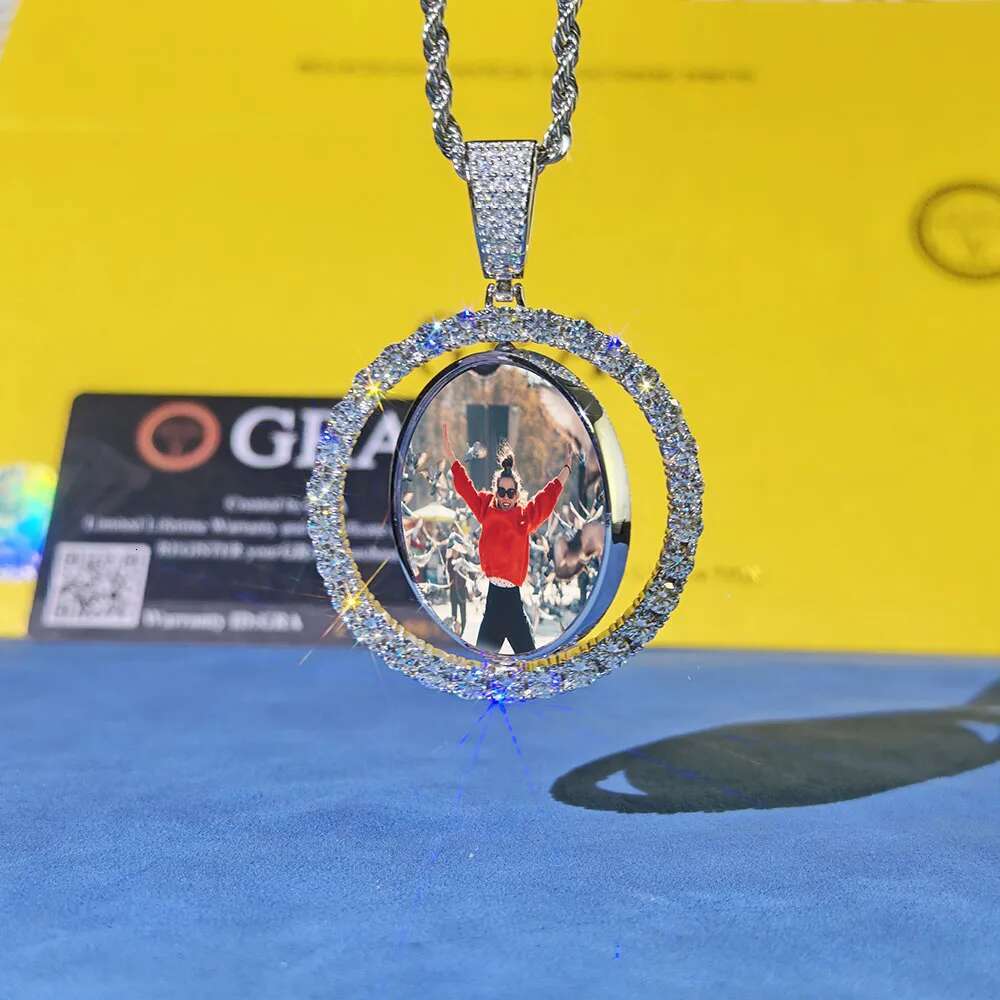 Custom Rotate Double Side Photo S925 Personalized Pendants VVS Moissanite Circle Picture Chain Bling Charm Necklaces Jewelry
