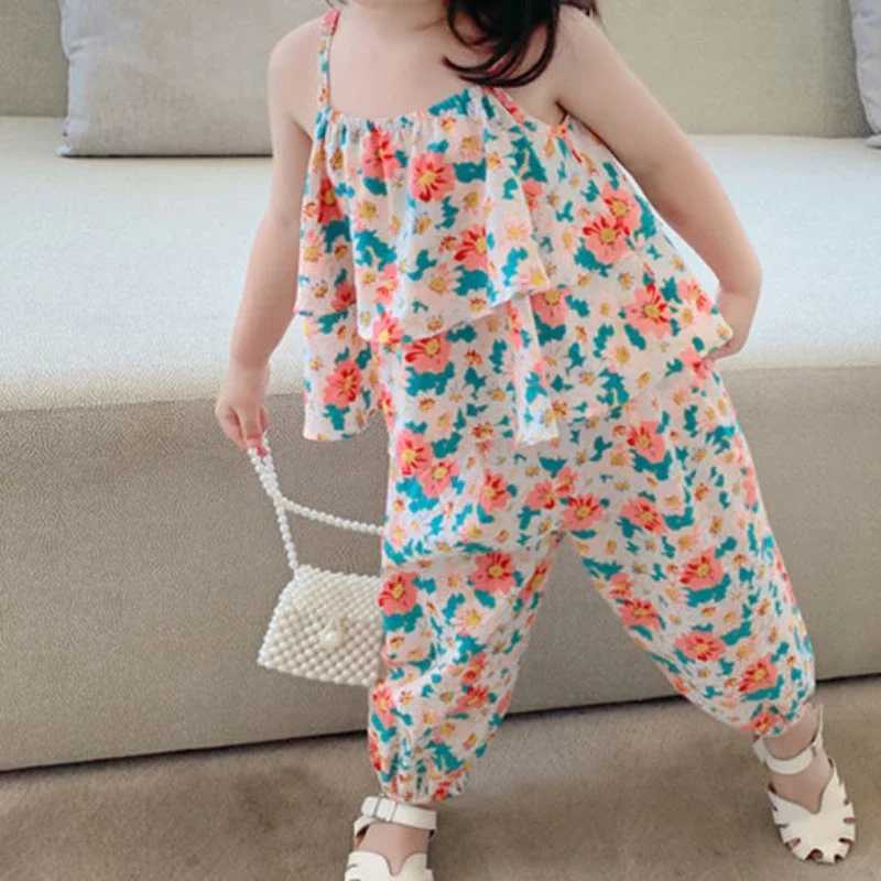 2024 Summer New Baby Girl Set Cute Flower Tank Top and Mosquito Pants Childrens Clothing Set Fashionable Childrens ClothingT250327
