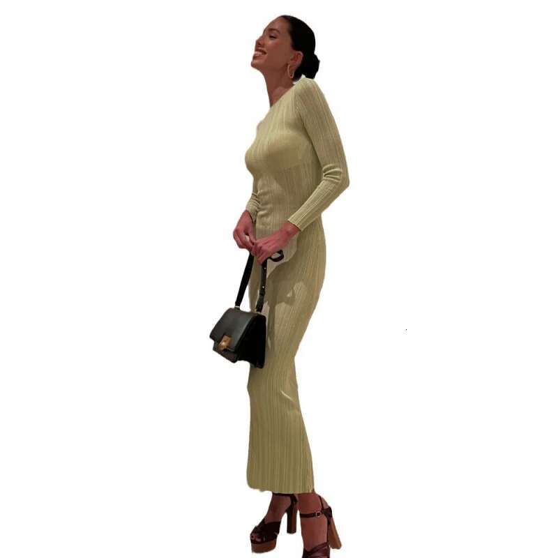 Dongdumaoyi Modieuze Elegante Effen Kleur Lange Mouwen Ronde Hals Slim Fit Jurk Dames