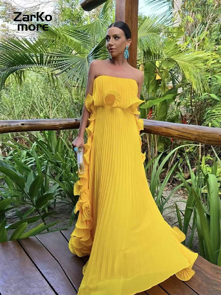Sexy pleated strapless long yellow dress for women sleeveless and backless floor length party 2025 springsummer beach womens robe 250324