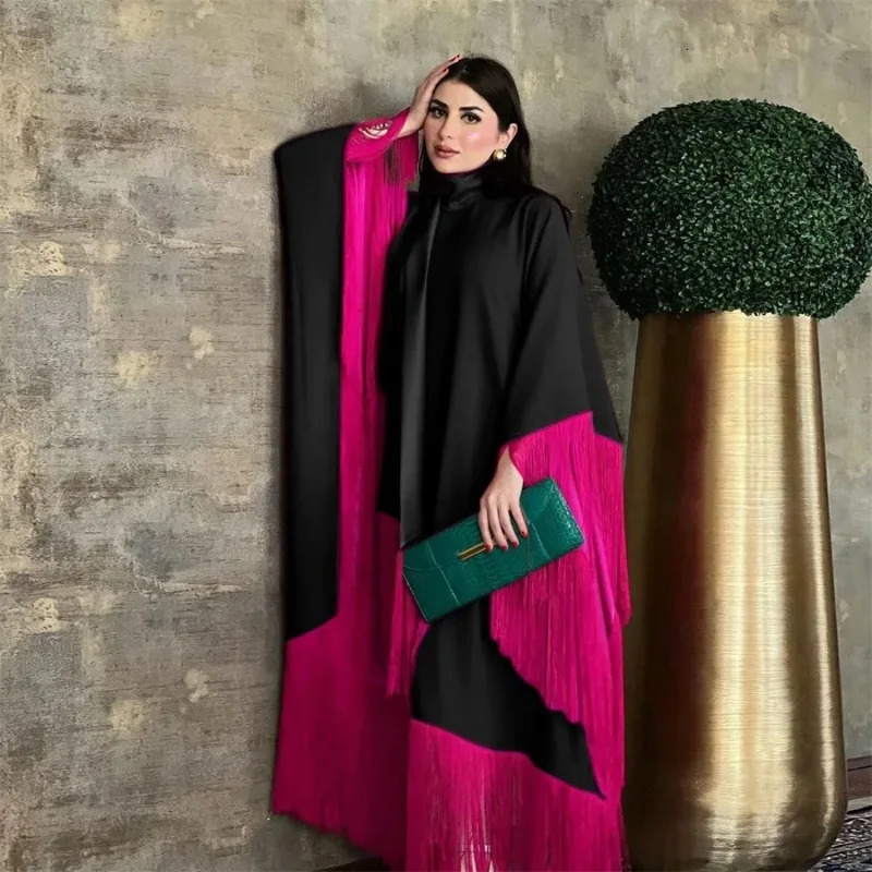 Muslim Fashion Womens Evening Dress Bat Sleeve Tassel Islamic Cafican Abaya Clothing Kimono Dubai Cafe Morocco 250326