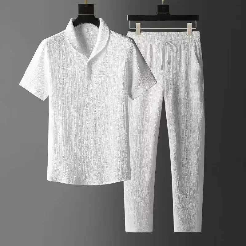 Summer ultra-thin five piece ice silk linen set mens cotton linen 2-piece set loose fit mid sleeve T-shirt sportswearXJ250326