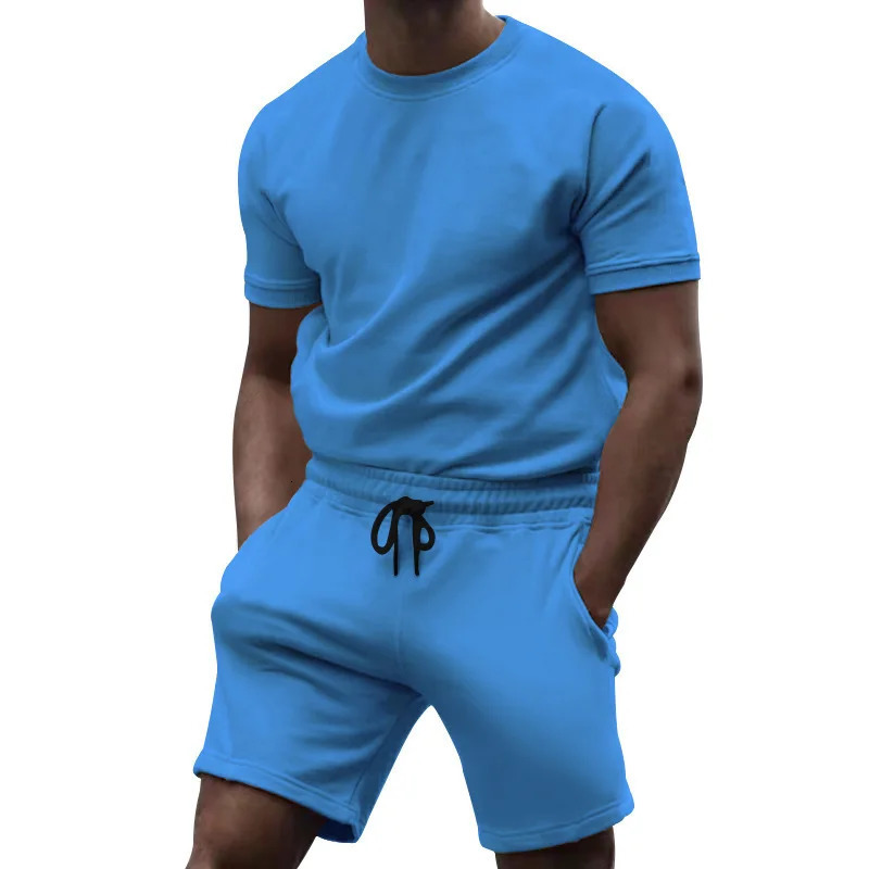 Summer mens fitness pure cotton short sleeved sports quick drying fresh solid color comfortable round neck set 250326