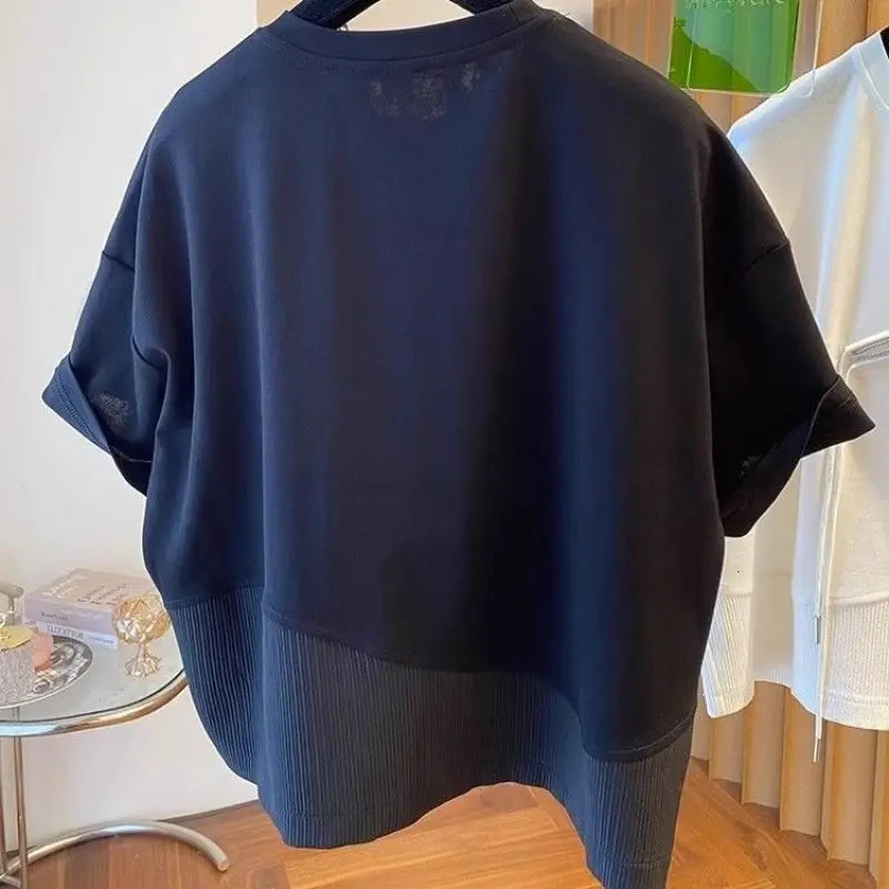 2024 summer personalized irregular patch work drawstring half zipper loose casual oversized Rafian handsome short sleeved Tshirt 250326