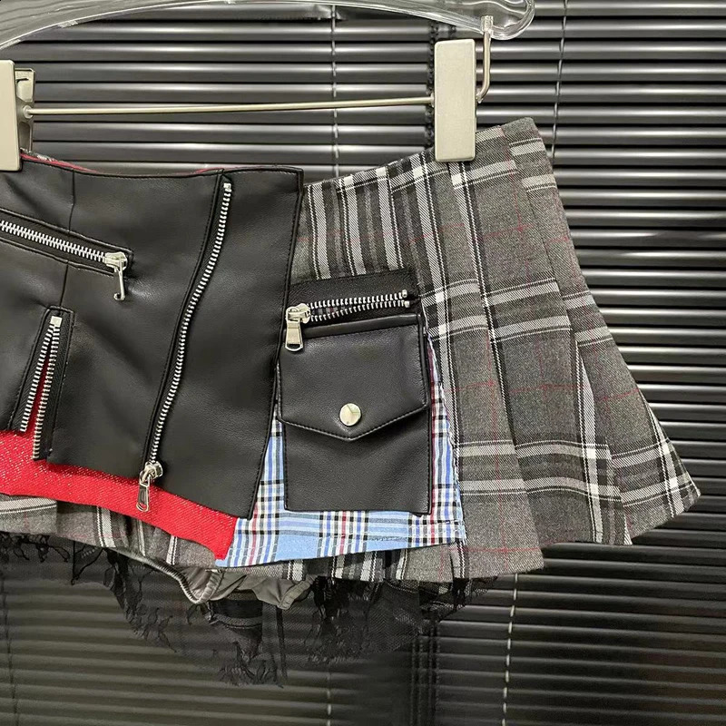2025 Womens Cotton Lace Patchwork Plaid Mini Leather Skirts Streetwear Female Modern Punk Irregular Pleated Skirt 250322
