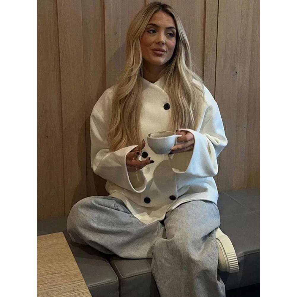 Women's Coat Elegant Solid Woolen Coat Women Double Breasted Loose Stand Collar Jacket Autumn Temperament Thick Warm Office Outerwear