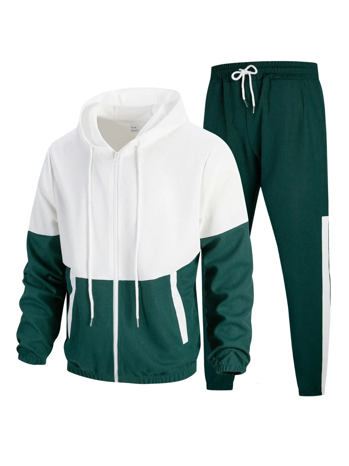 Mens spring and autumn hoodie with double pockets waffle cookies color matching jacket casual sports Trouser set sportswear 250327