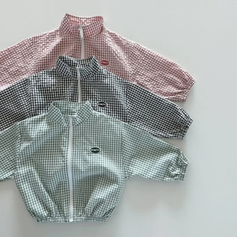 Plaid Summer breathable Jackets Girls Fashion Thin Coats Children Zipper Top Clothes Loose Shorts Outerwear for 1-7Y 250326