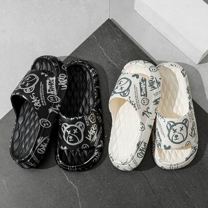 Slipper New violent bear graffiti slippers for summer home use wearing cartoon slippers indoors and outdoors couples poop feeling slippers S25326
