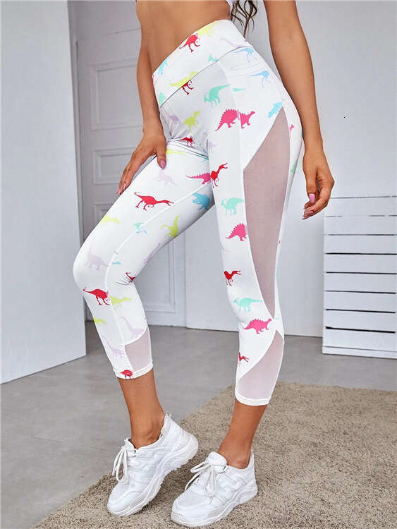 Women Yoga Pants New Summer Pocket Mesh Breathable Fitness Yoga Pants With Colorful Dinosaur Print Underpants YJ