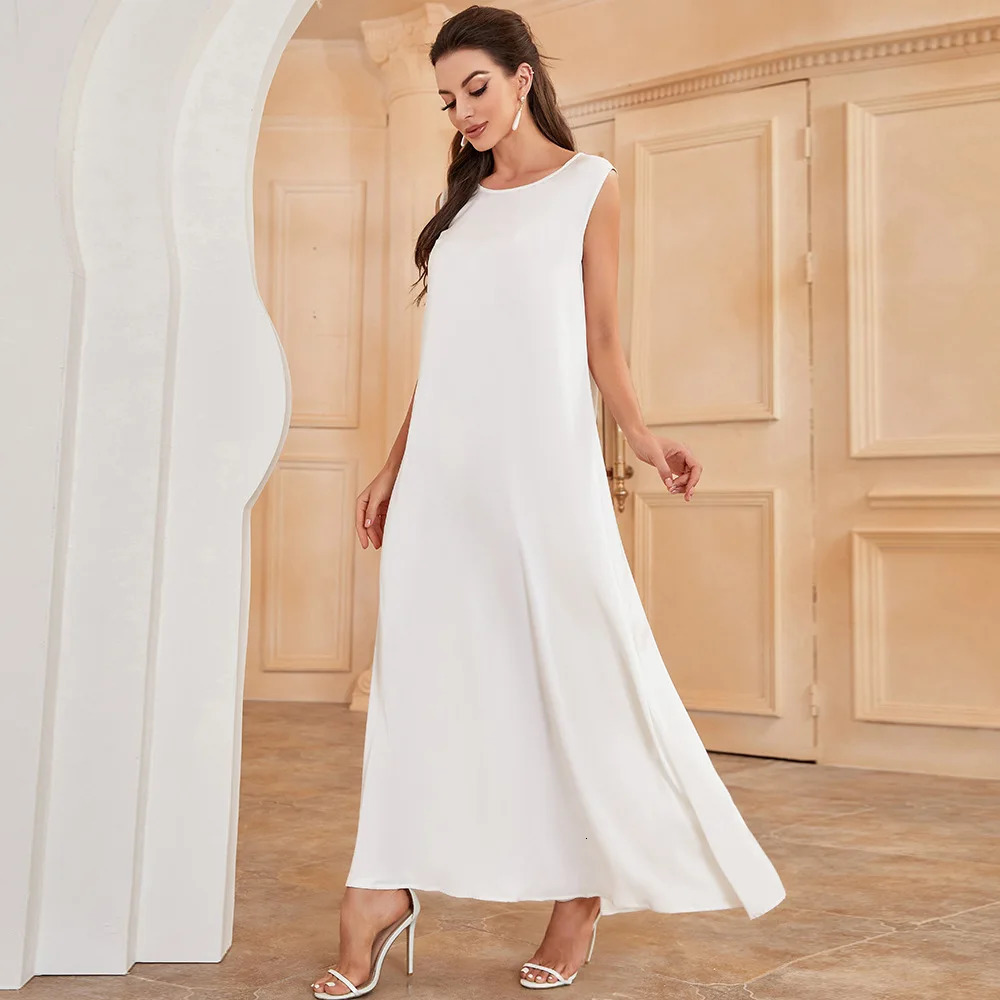 Ramadan Under Abaya Satin Inner Dress Muslim White Sleeveless Chiffon Womens Islamic Clothing Dubai Kaftan 250326
