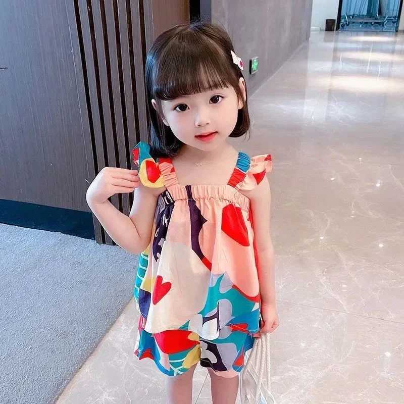 Summer baby girl clothing set hanging top color matching floral vest+childrens casual pants childrens clothing setT250327