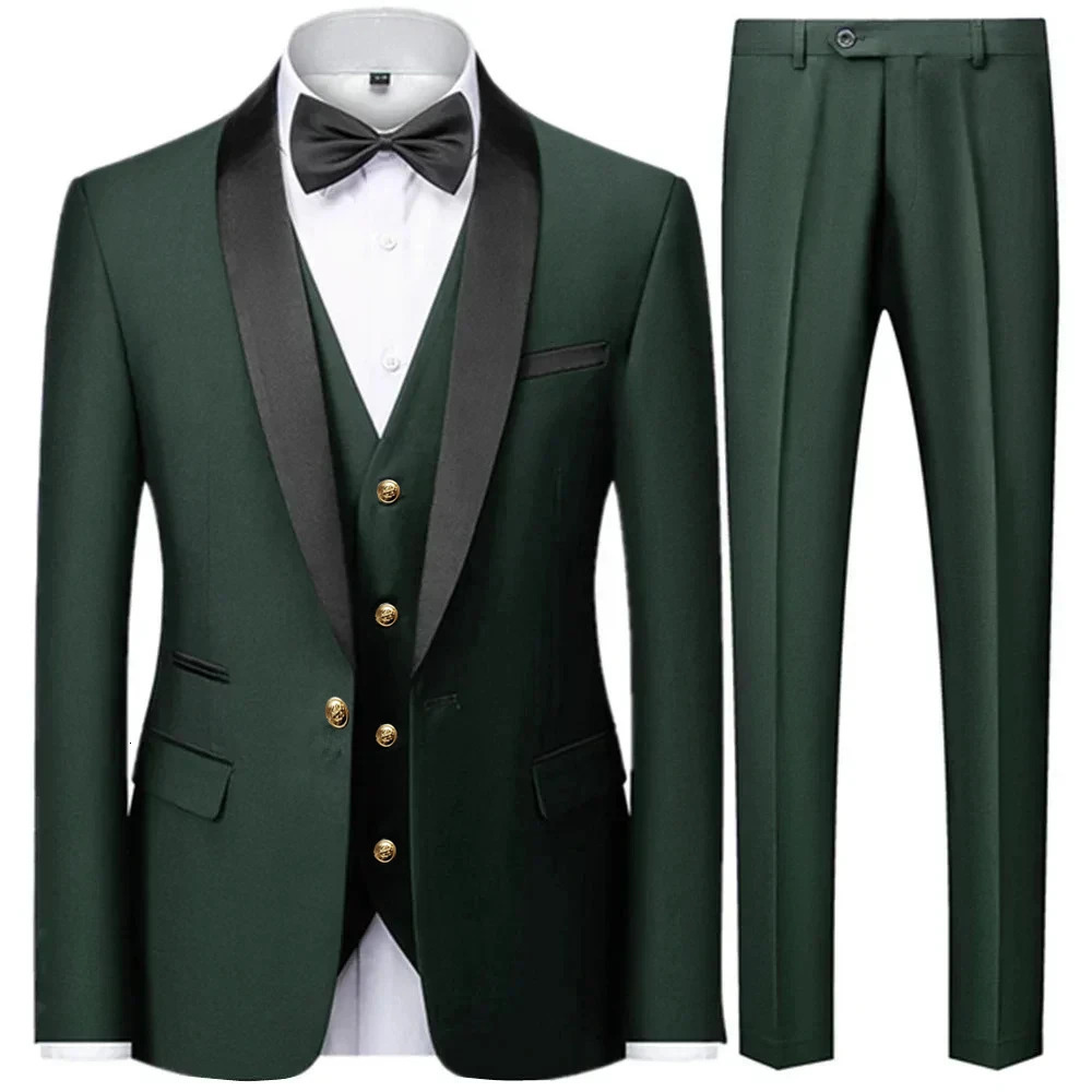 mens casual boutique business ultrathin wedding host formal set 3piece gold button jacket dress pants vest 250326