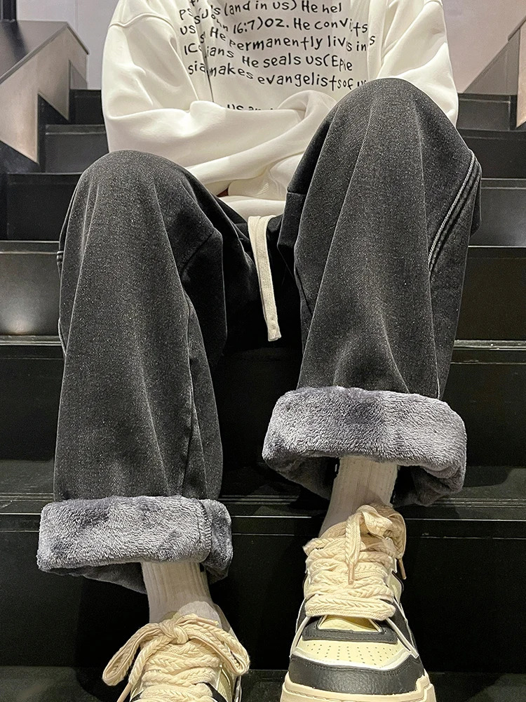 Winter Mens Jeans Korean Fashion Fleece Liner Thick Warm Straight Denim Pants Washed Cotton Retro Blue Wide Leg Jean Trousers 250317