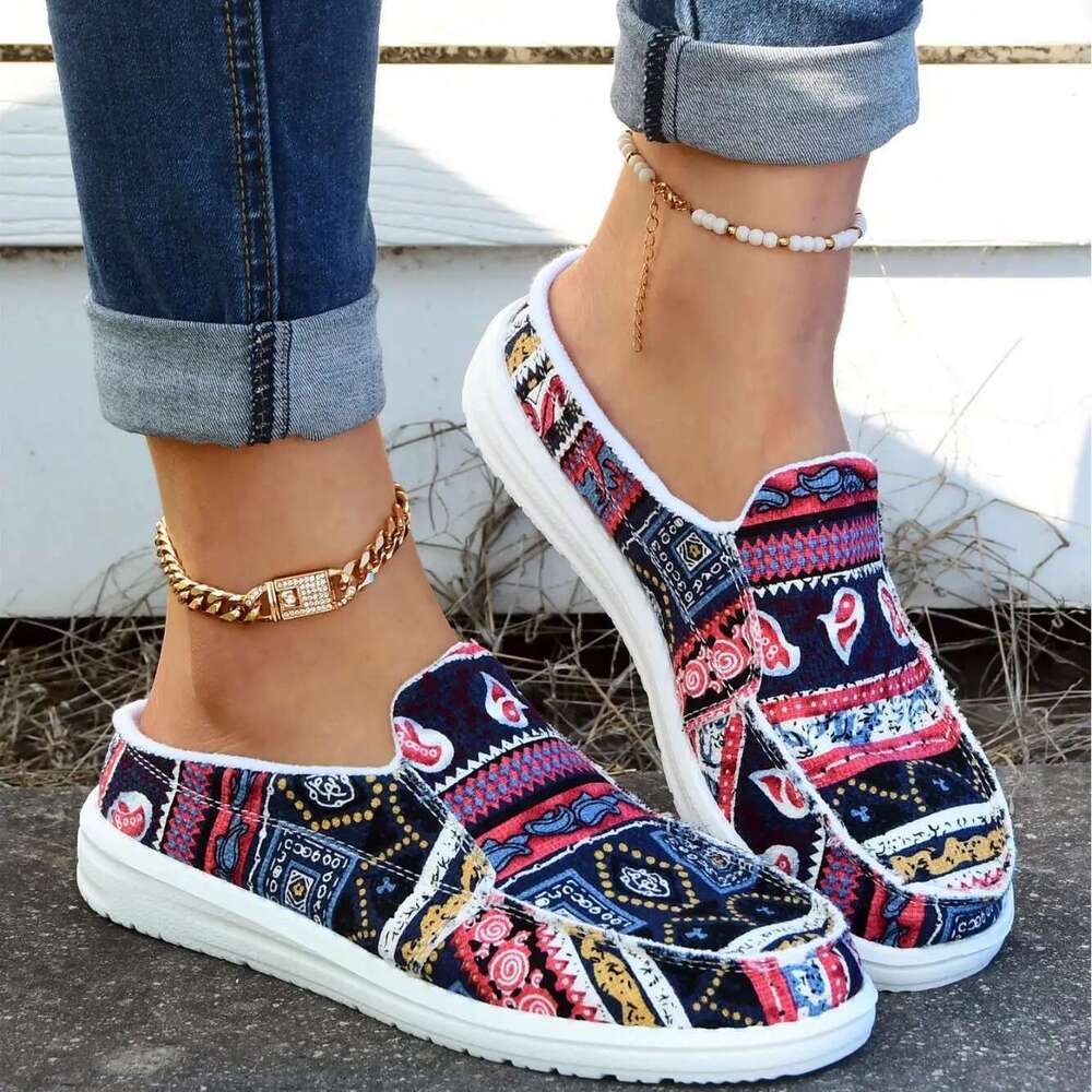 ral Print Canvas Slip-on Round Toe Lightweight Casual Shoes, Women's Comfy Walking Flat Shoes