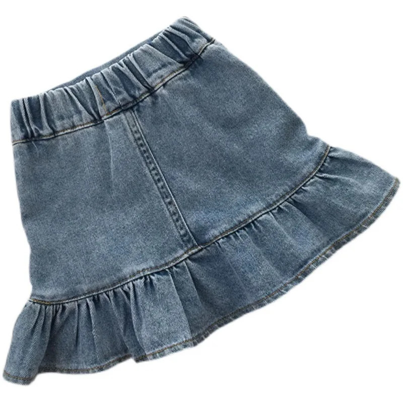 Children Girls Seersucker Short-sleeved T-shirt Denim Skirt Summer Ruffled Fishtail Jean Skirt 2 Pcs Clothing Sets 250326