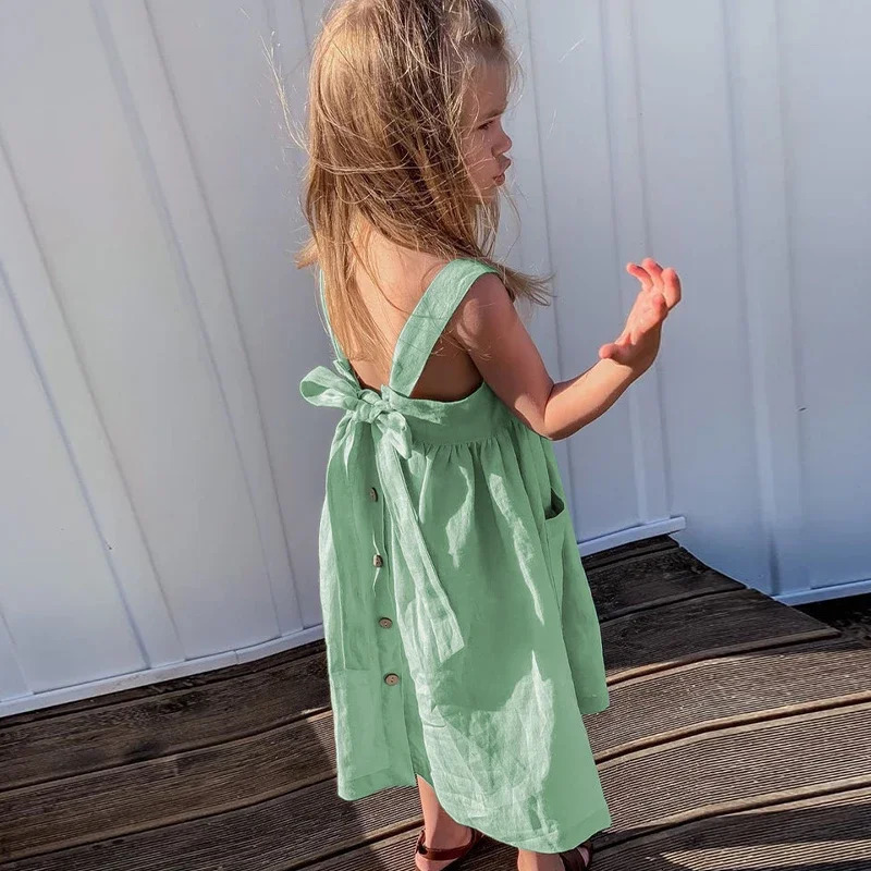 Girls Cotton And Linen Sleeveless Suspender Dress With Adjustable Shoulder Straps Summer Casual Pocket Kids Dresses TZ77 250326