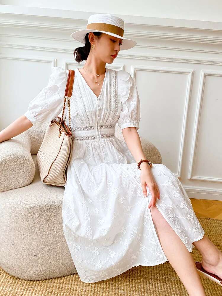 Dongdumaoyi Zomer Nieuwe Witte Franse Ontwerp Taille Kalkende Europese En Amerikaanse Dames Midi Jurk Elegante Socialite V Hals Voor