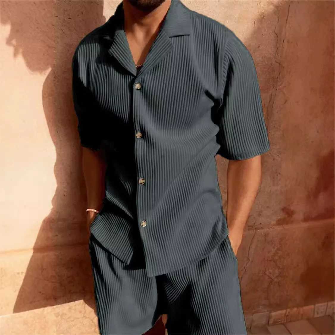 New mens Corduroy casual short sleeved shirt shorts beach casual style lapel running training setXJ250326