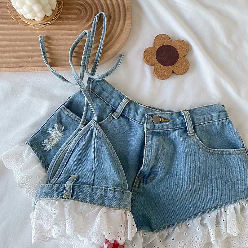 Summer clothing set for teenagers and girls aged 3-16 sleeveless denim crop shirt+jeans shorts childrens clothing setT250327