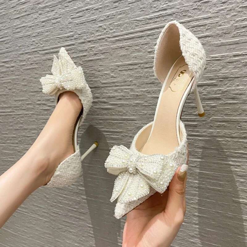 Pearl Crystal Bowtie White Wedding Women 2024 Spring Brand Designer High Heels Pumps Woman Thin Heeled Party Shoes