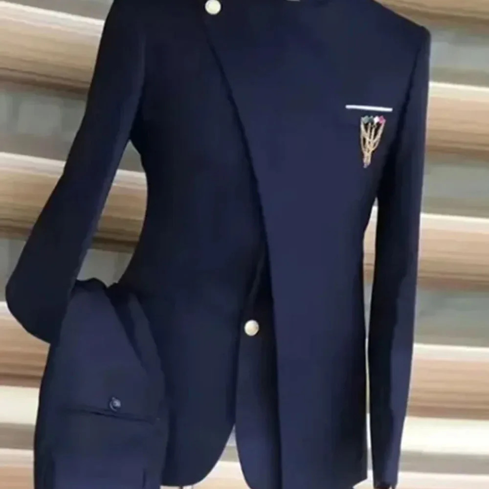 Navy Blue Mens Single Chest Standing Collar Jacket African Style Formal Occasion Party 2piece Set Pants Clothing 250326
