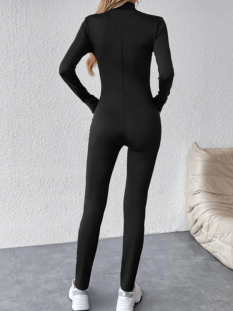 Womens jumpsuit spring fashion streetwear long sleeved semi high neck zipper tight black sexy womens 250326