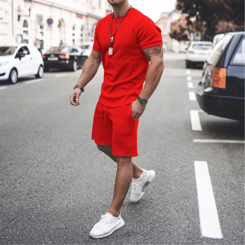 Solid color European and American mens 13 summer short sleeved Tshirtshort 2piece casual sports set 250327